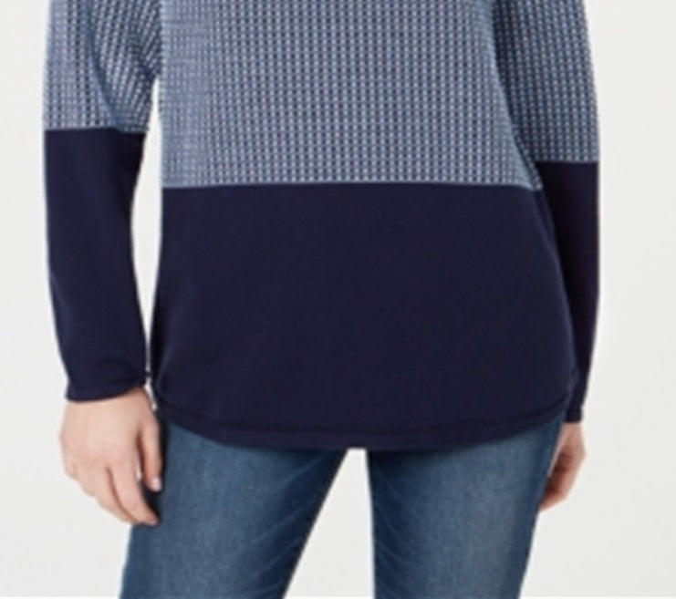 Karen Scott Suéter Feminino de Algodão Colorblock Azul Tamanho Pequeno Médio