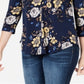Blusa feminina com estampa floral e decote em V, azul, tamanho grande