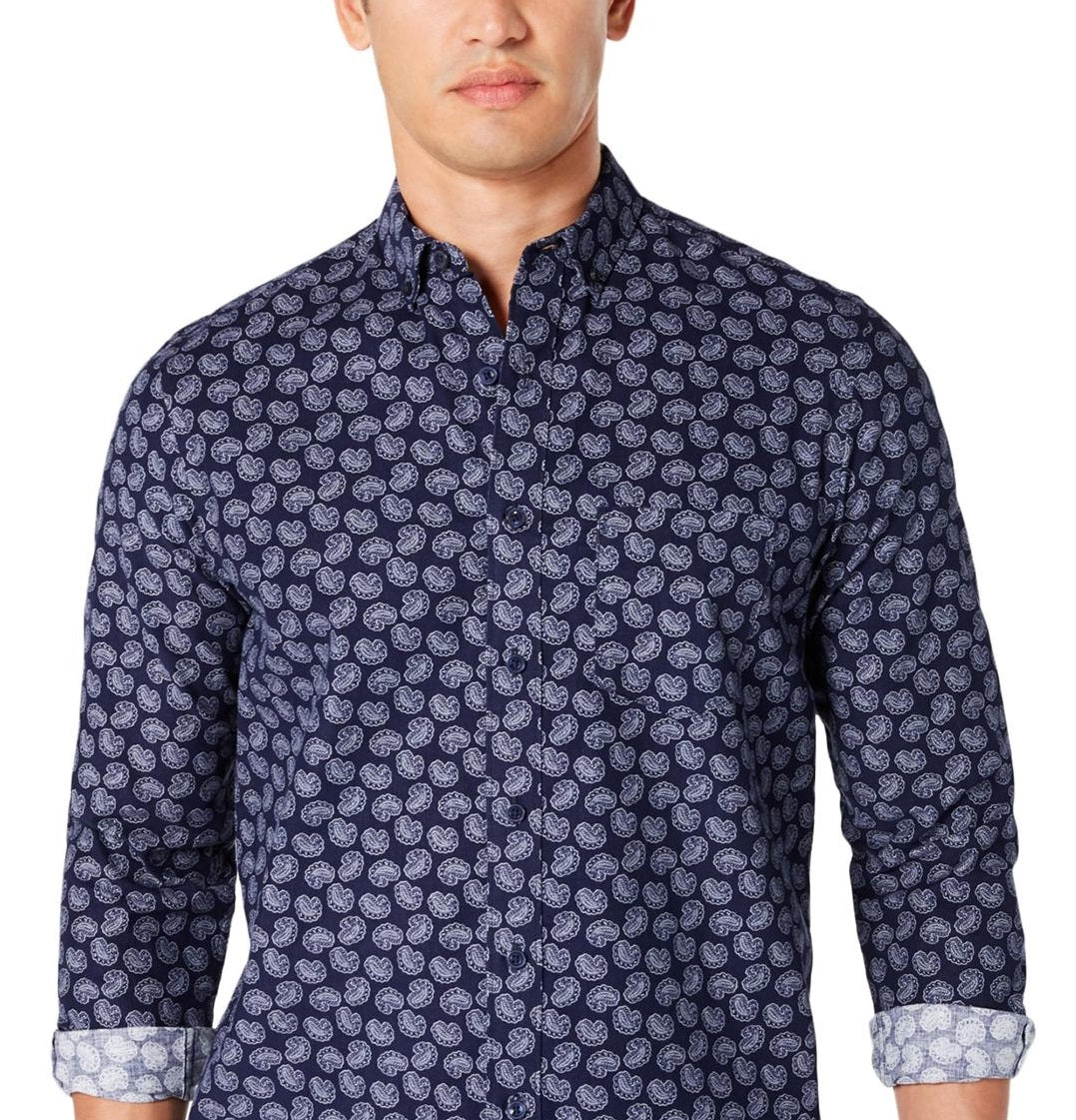 Camisa masculina de veludo cotelê com estampa paisley e botões Club Room, azul, tamanho médio