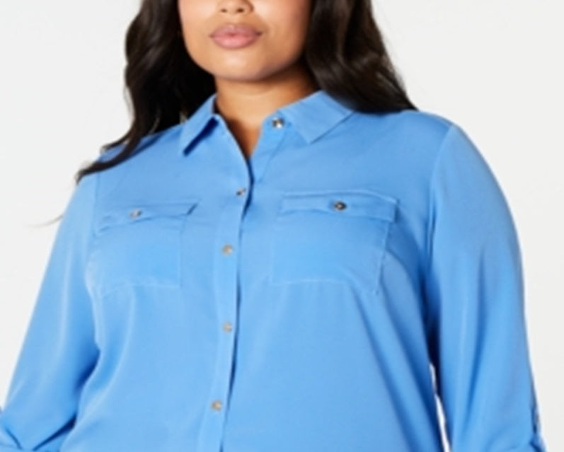 Camisa feminina Charter Club Plus com botões frontais, azul, tamanho 2X