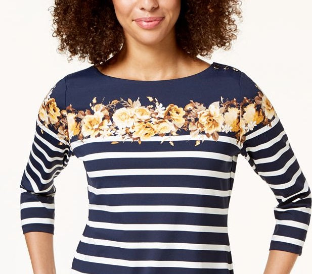 Charter Club Blusa feminina listrada com manga 3/4 e decote canoa, preta, tamanho grande