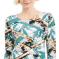 JM Collection Blusa feminina estampada com manga 3/4 em jacquard, verde, tamanho XX-G