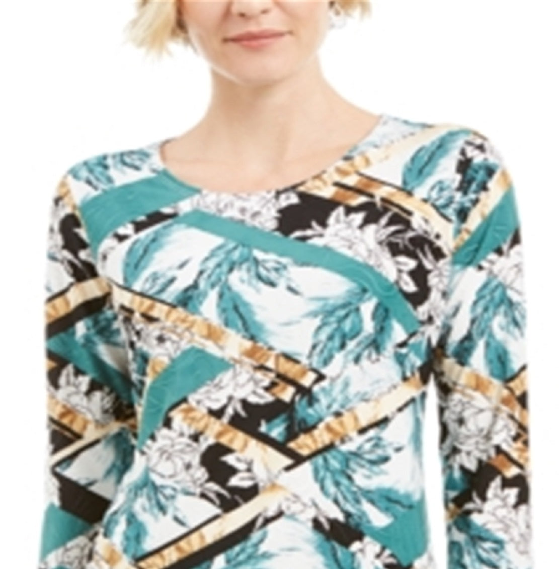 JM Collection Blusa feminina estampada com manga 3/4 em jacquard, verde, tamanho XX-G
