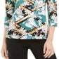 JM Collection Blusa feminina estampada com manga 3/4 em jacquard, verde, tamanho XX-G