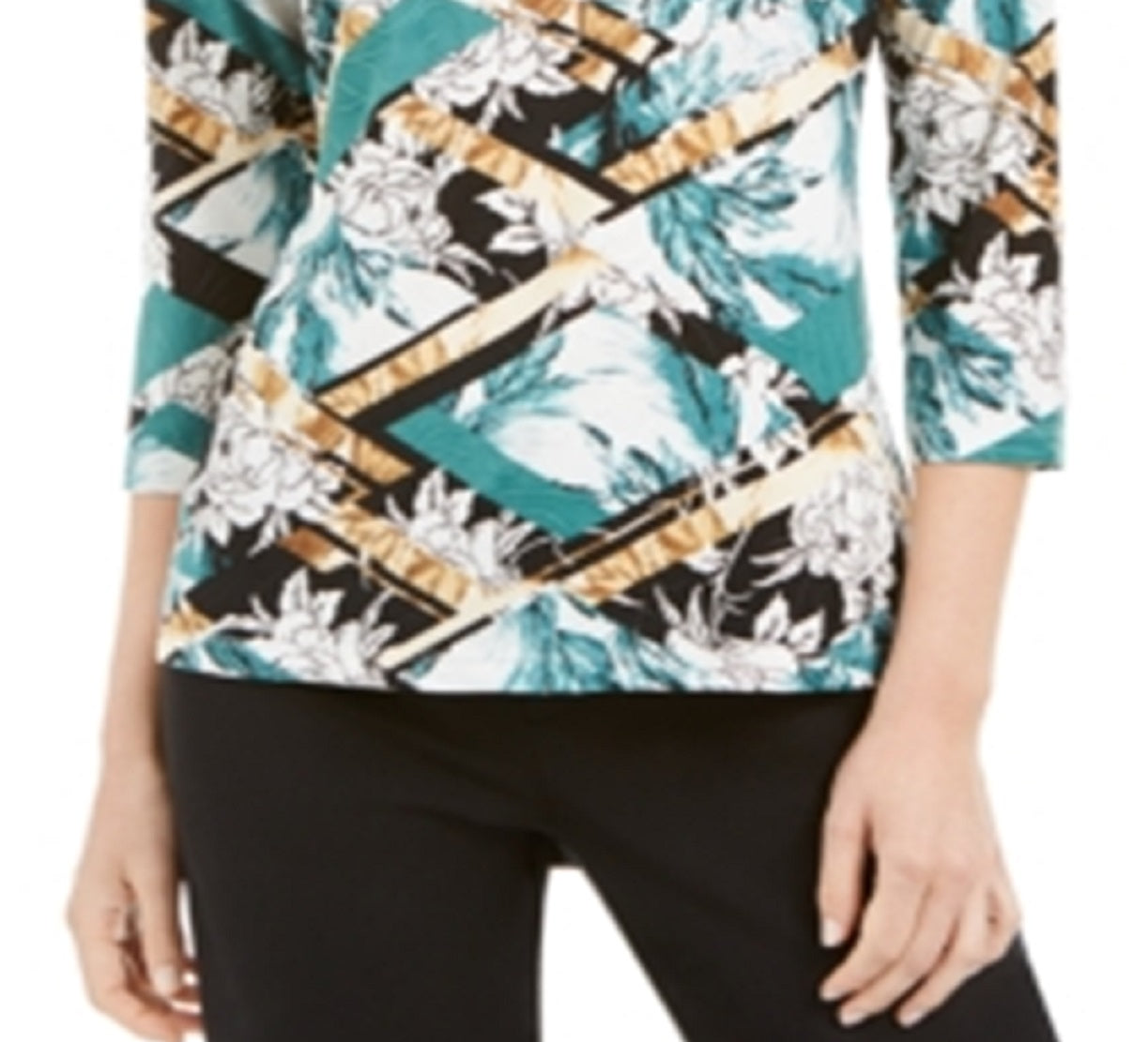 JM Collection Blusa feminina estampada com manga 3/4 em jacquard, verde, tamanho XX-G