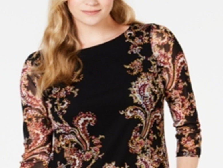 Charter Club Blusa de malha com estampa floral feminina, preta, tamanho médio