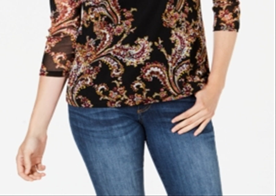 Charter Club Blusa de malha com estampa floral feminina, preta, tamanho médio