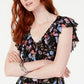 Blusa feminina INC International Concepts com babados florais e cordão, decote em V, preta, tamanho extragrande