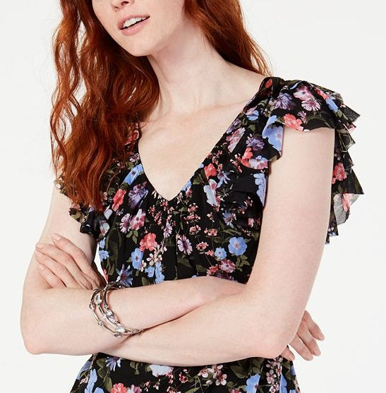 Blusa feminina INC International Concepts com babados florais e cordão, decote em V, preta, tamanho extragrande