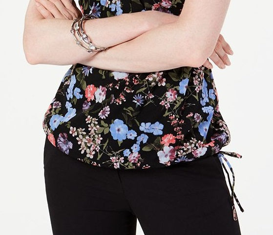 Blusa feminina INC International Concepts com babados florais e cordão, decote em V, preta, tamanho extragrande
