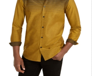 Camisa masculina Alfani com botões e gola estampada, amarela, tamanho médio