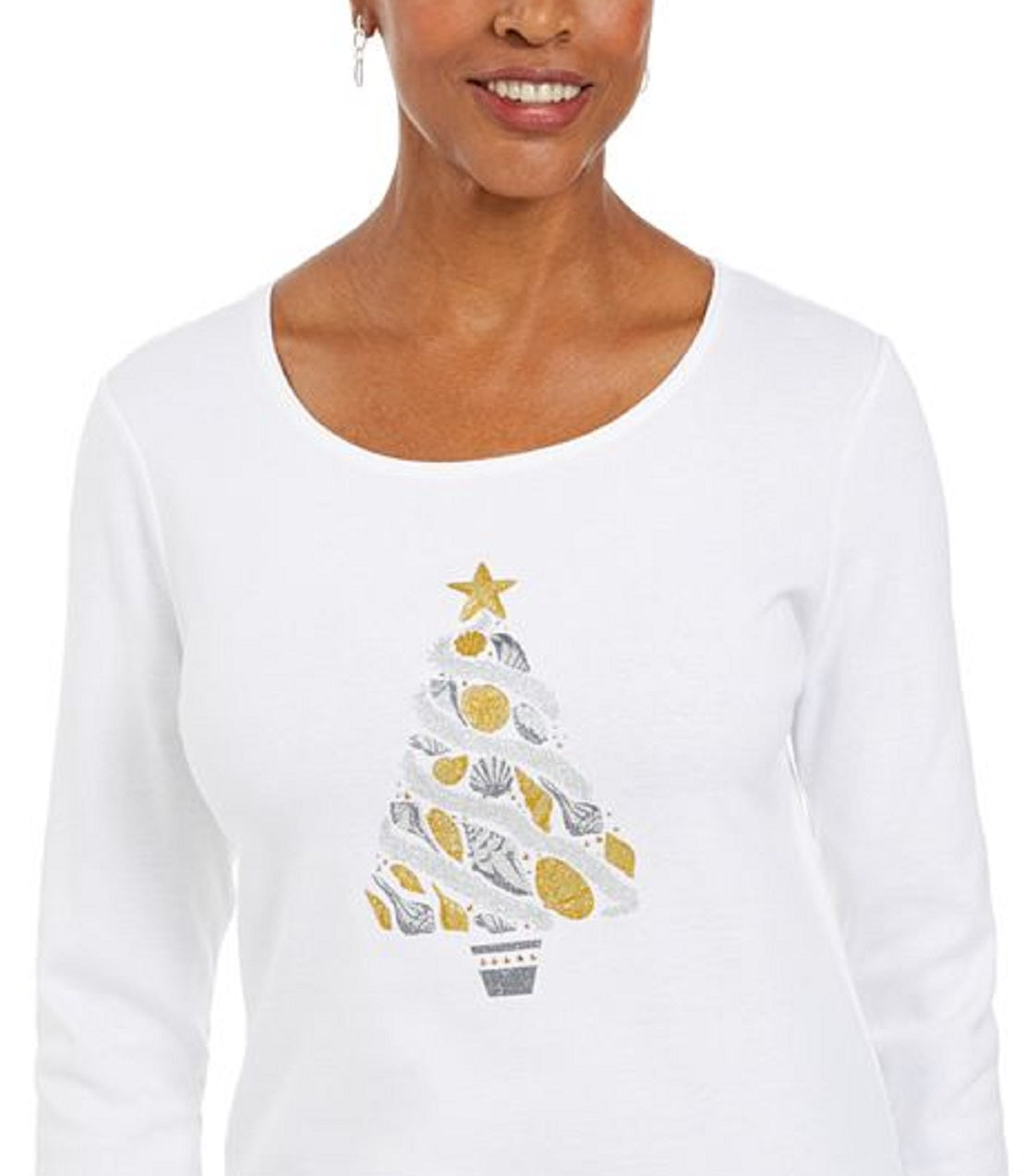 Camiseta feminina Karen Scott de algodão com estampa de conchas e árvores, branca, tamanho pequeno