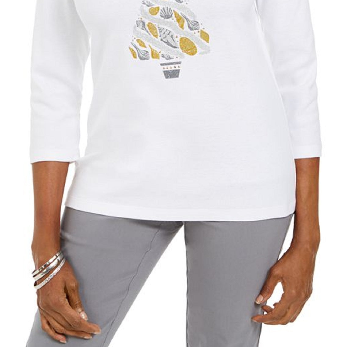 Camiseta feminina Karen Scott de algodão com estampa de conchas e árvores, branca, tamanho pequeno