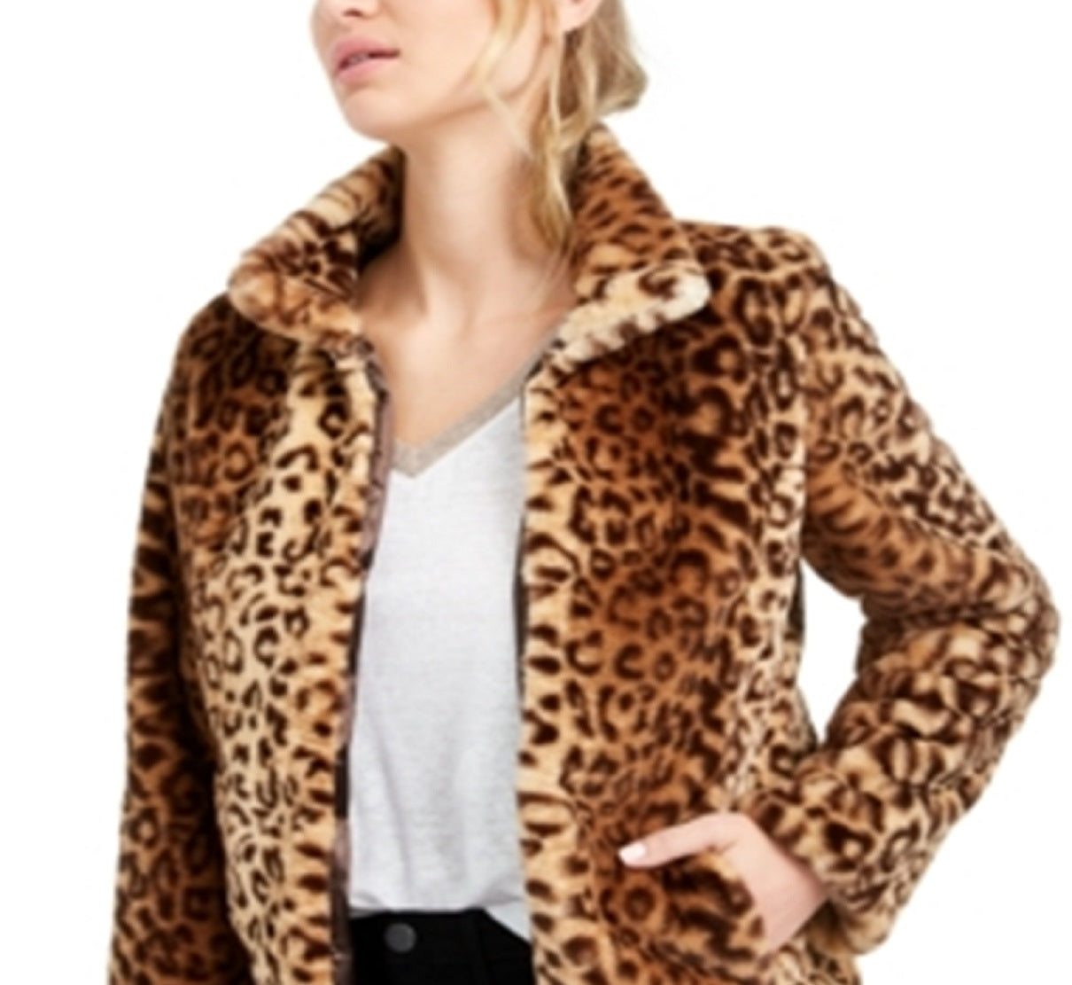 Jaqueta de pele sintética com estampa de leopardo Maison Jules feminina, marrom, tamanho médio