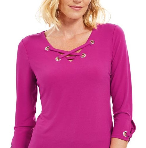 JM Collection Top Feminino com Renda e Acabamento em Ilhós Rosa Tamanho P