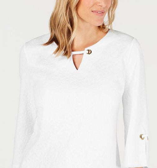 JM Collection Top texturizado com buraco de chave feminino, branco, tamanho pequeno