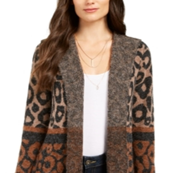 Cardigan feminino com estampa de leopardo e frente aberta, estilo &amp; co, marrom, tamanho pequeno M