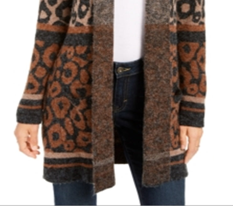 Cardigan feminino com estampa de leopardo e frente aberta, estilo &amp; co, marrom, tamanho pequeno M