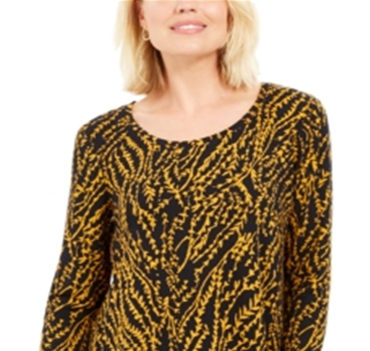 JM Collection Blusa feminina floral com manga 3/4 e decote em joia, preta, tamanho pequeno e pequeno