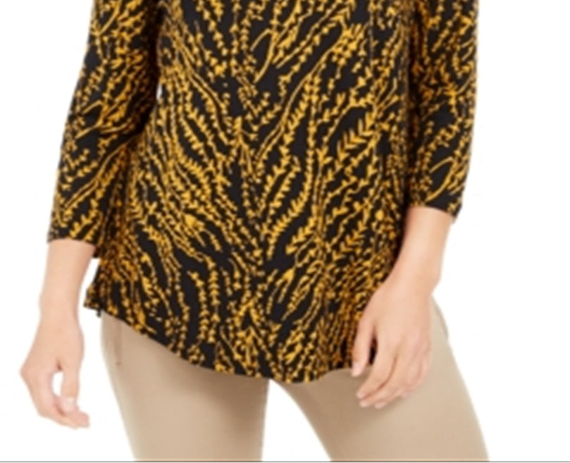 JM Collection Blusa feminina floral com manga 3/4 e decote em joia, preta, tamanho pequeno e pequeno