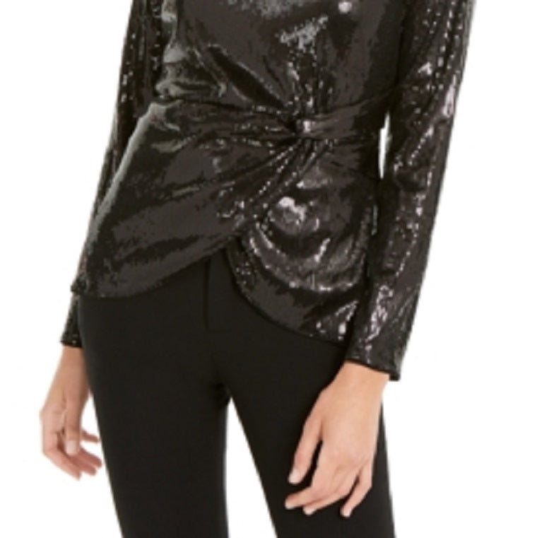 INC International Concepts Top Feminino com Lantejoulas Torcidas, Preto, Tamanho Grande