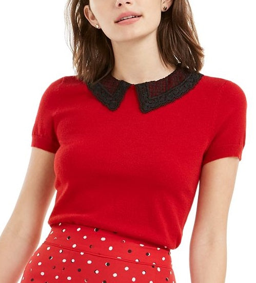 Suéter feminino Maison Jules com gola Peter Pan e manga curta, vermelho, tamanho X-G