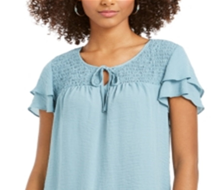 Blusa feminina estilo &amp; co com mangas bufantes e franzidas, azul, tamanho médio