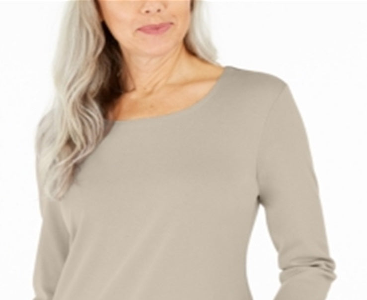 Blusa feminina Karen Scott de algodão com manga 3/4, marrom, tamanho pequeno