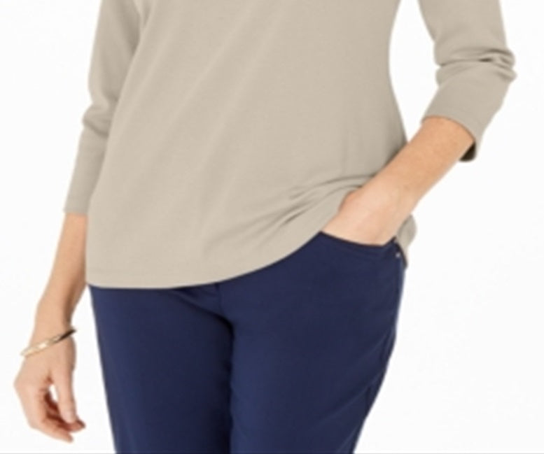 Blusa feminina Karen Scott de algodão com manga 3/4, marrom, tamanho pequeno