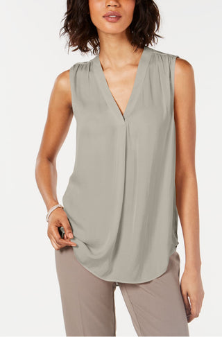 Blusa feminina Alfani de cetim com decote em V, túnica lisa, cinza, tamanho grande