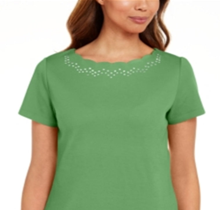 Camiseta feminina Karen Scott de algodão com gola recortada, verde, tamanho grande