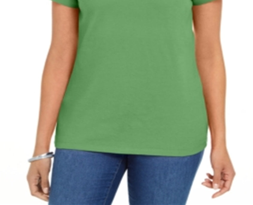 Camiseta feminina Karen Scott de algodão com gola recortada, verde, tamanho grande
