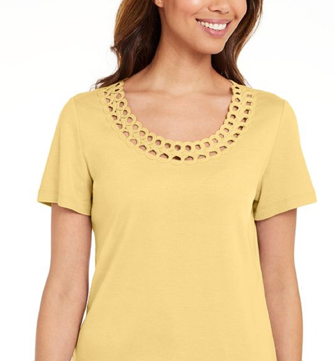Camiseta feminina Karen Scott de algodão com gola recortada, amarela, tamanho extragrande
