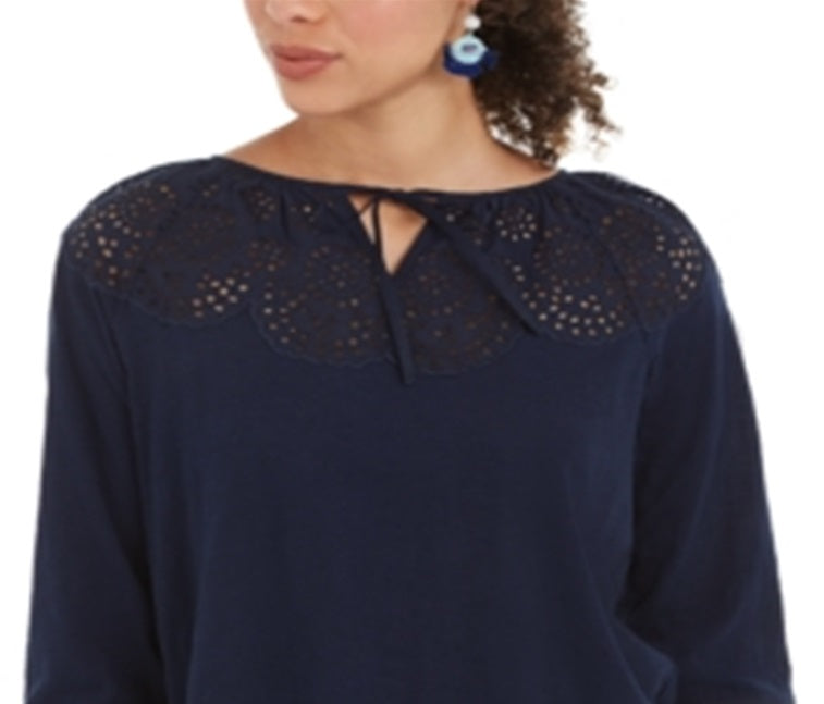 Top feminino estilo camponês de algodão com ilhós, azul, tamanho X-S