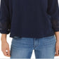 Top feminino estilo camponês de algodão com ilhós, azul, tamanho X-S