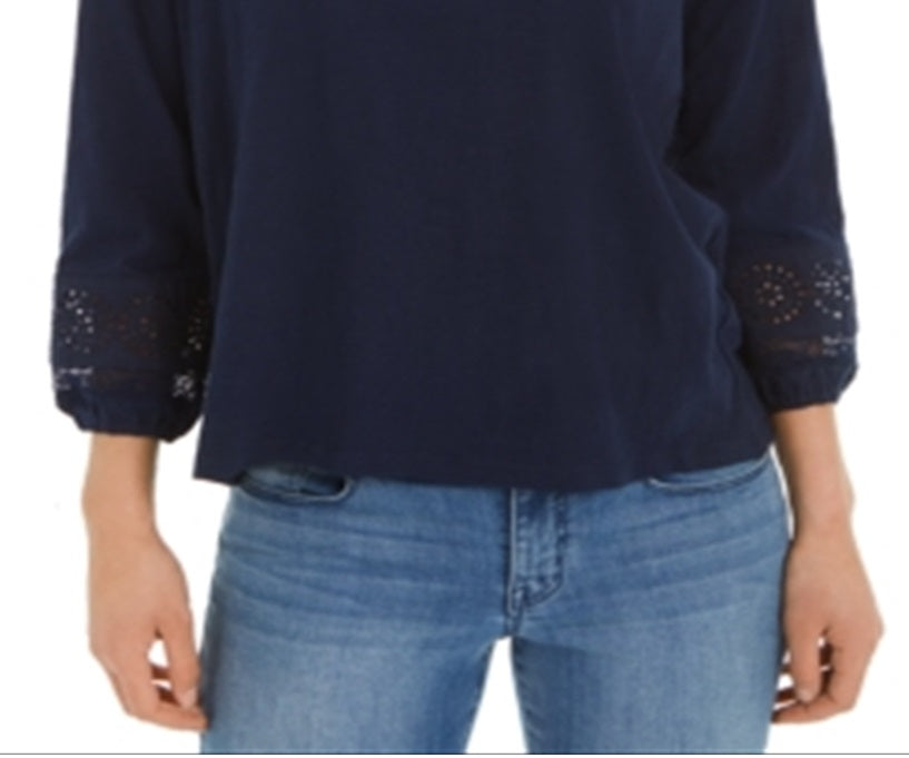Top feminino estilo camponês de algodão com ilhós, azul, tamanho X-S