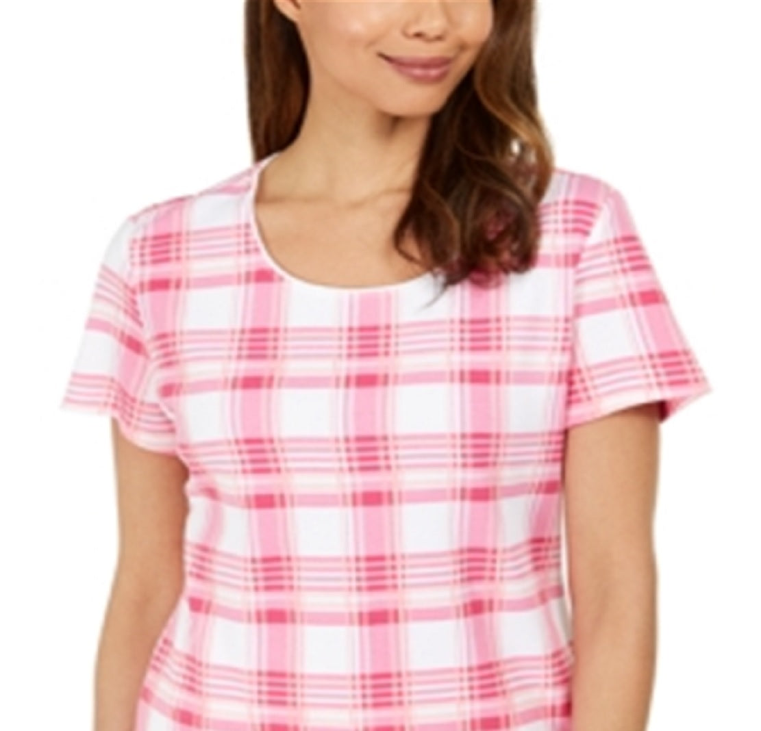 Karen Scott Blusa feminina estampada com decote redondo, rosa, tamanho X-S