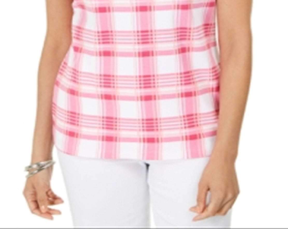 Karen Scott Blusa feminina estampada com decote redondo, rosa, tamanho X-S