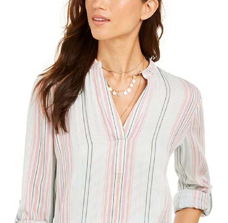 Blusa feminina de algodão listrada com mangas e punhos, estilo &amp; co, azul, tamanho X-S