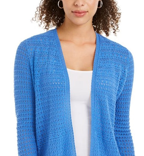 Cardigan feminino com frente aberta em Pointelle, azul, tamanho X-G
