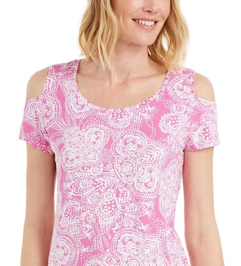 Top feminino estampado com ombros descobertos e decote redondo, tamanho extragrande, rosa, da coleção JM