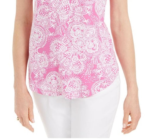 Top feminino estampado com ombros descobertos e decote redondo, tamanho extragrande, rosa, da coleção JM