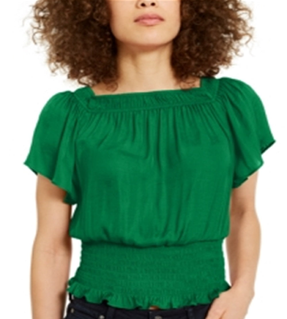 Blusa feminina com decote canoa e manga curta franzida da INC International Concepts, verde, tamanho médio