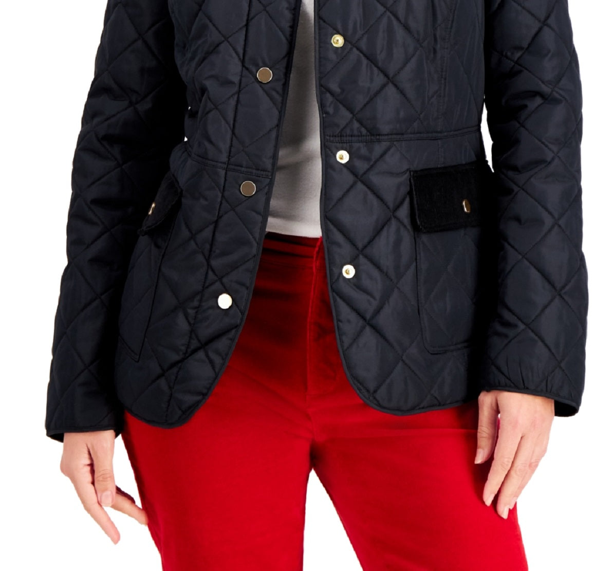 Jaqueta feminina Charter Club acolchoada com acabamento em veludo cotelê, preta, tamanho grande