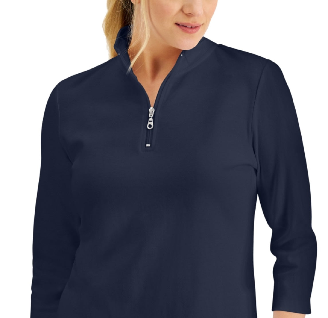 Karen Scott Blusa feminina de algodão com zíper e gola alta, azul, tamanho X-S