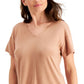 Camiseta feminina Ideology com manga curta e decote em V e elástico canelado, tamanho médio, marrom