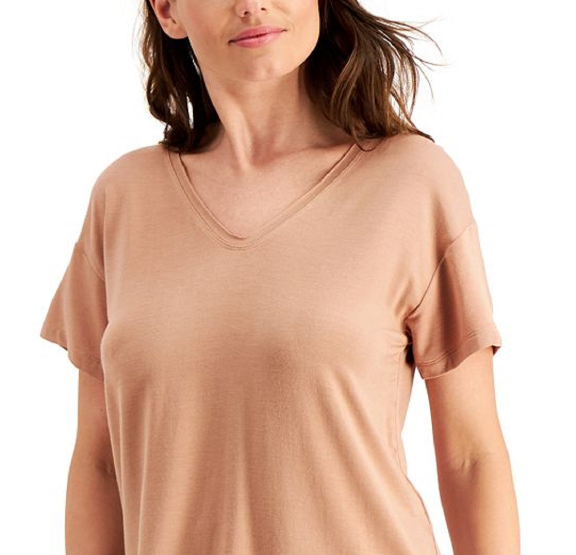 Camiseta feminina Ideology com manga curta e decote em V e elástico canelado, tamanho médio, marrom