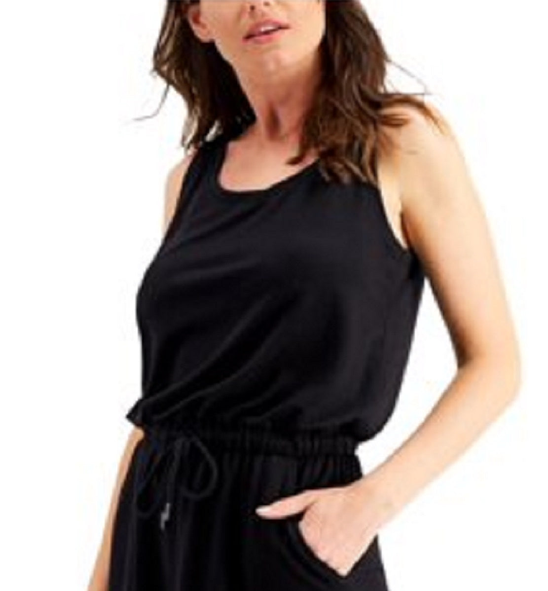 Vestido feminino sem mangas com cordão na cintura, tamanho médio, preto
