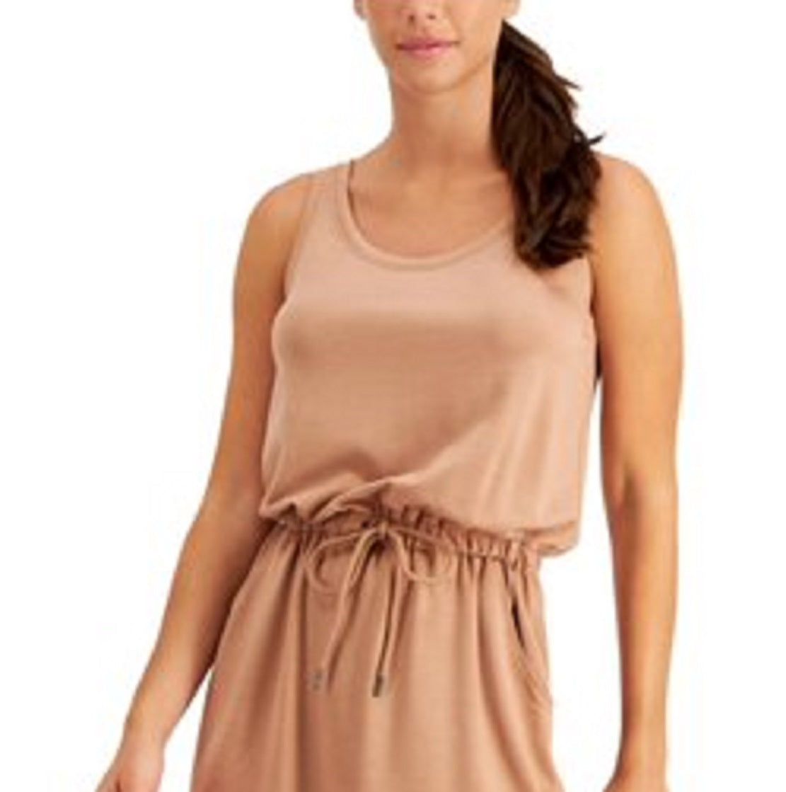ID Ideology Vestido curto feminino com bolso elástico e cordão na cintura, sem mangas, decote redondo, marrom, tamanho pequeno