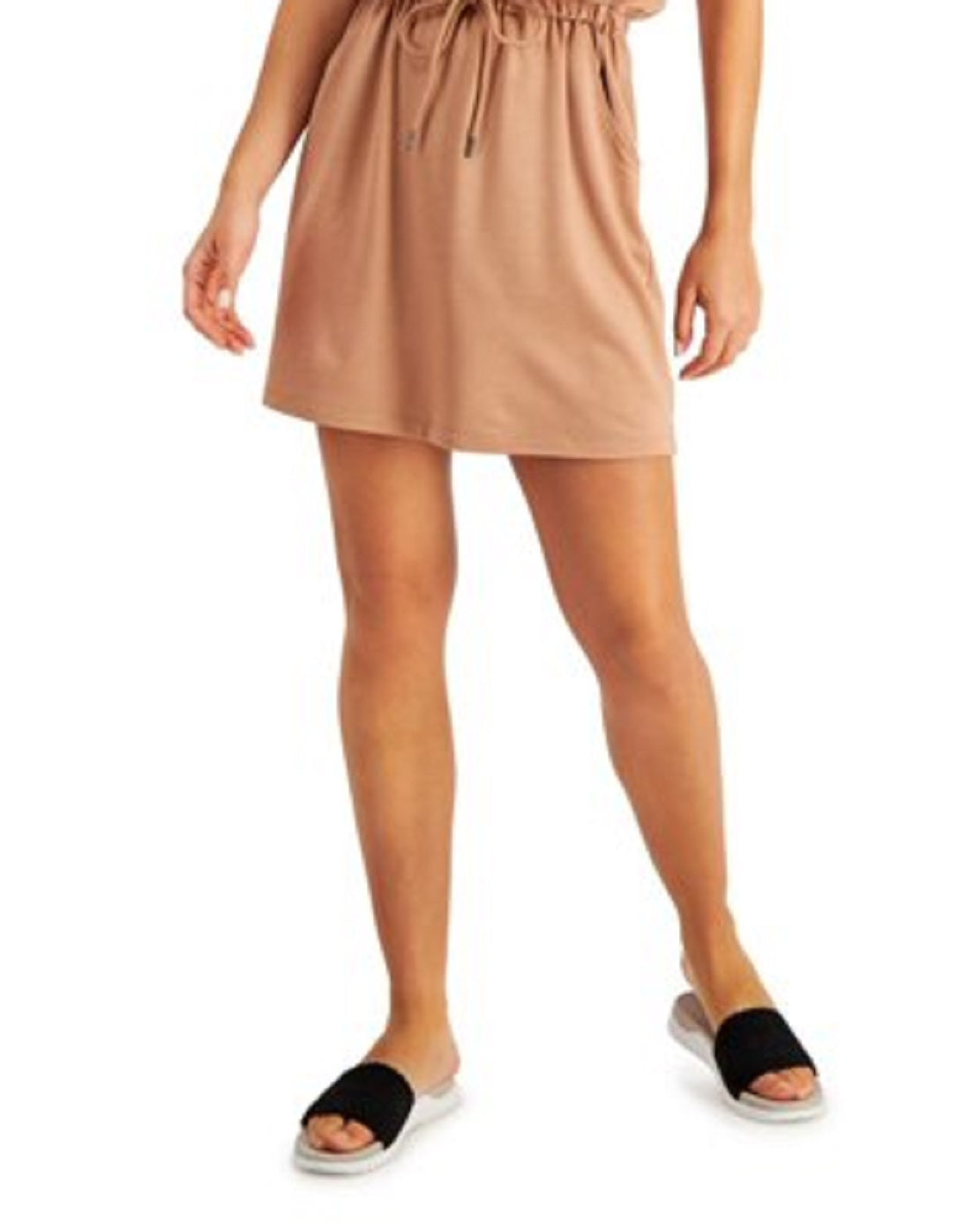 ID Ideology Vestido curto feminino com bolso elástico e cordão na cintura, sem mangas, decote redondo, marrom, tamanho pequeno